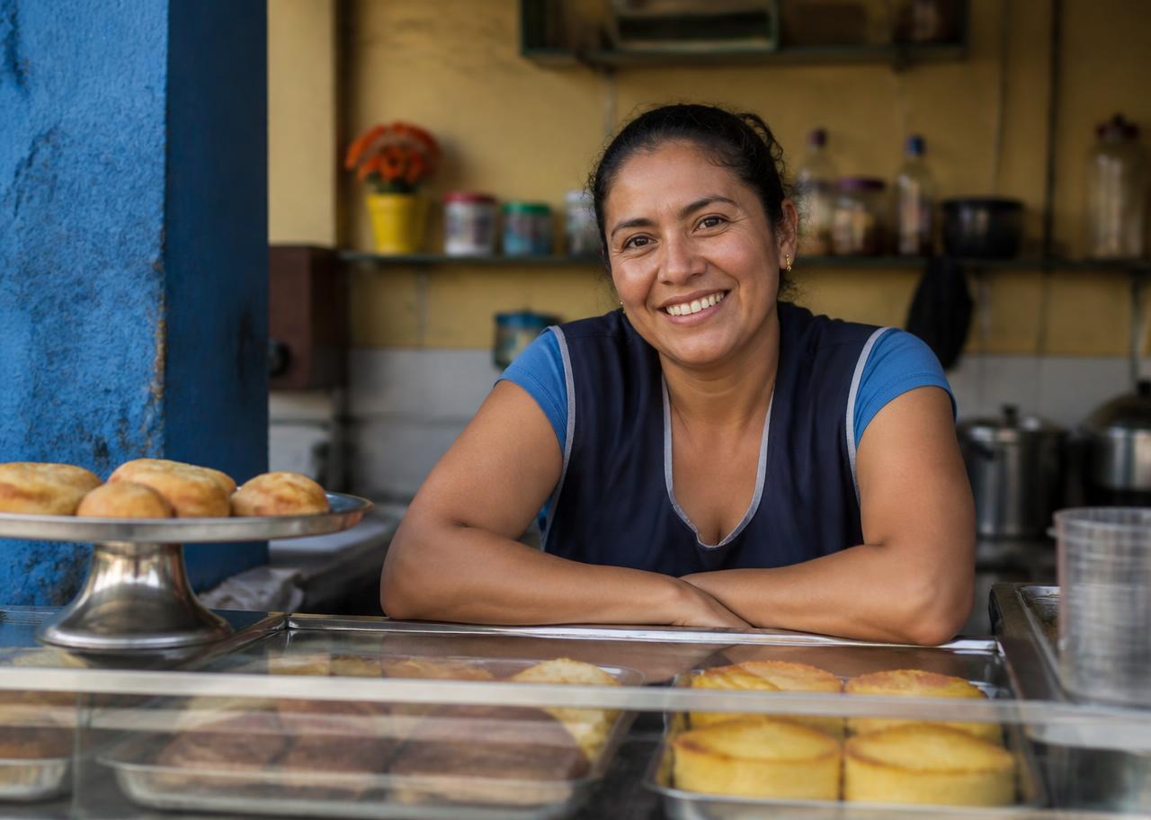 Emprendedora sonriendo en su negocio de alimentos preparados