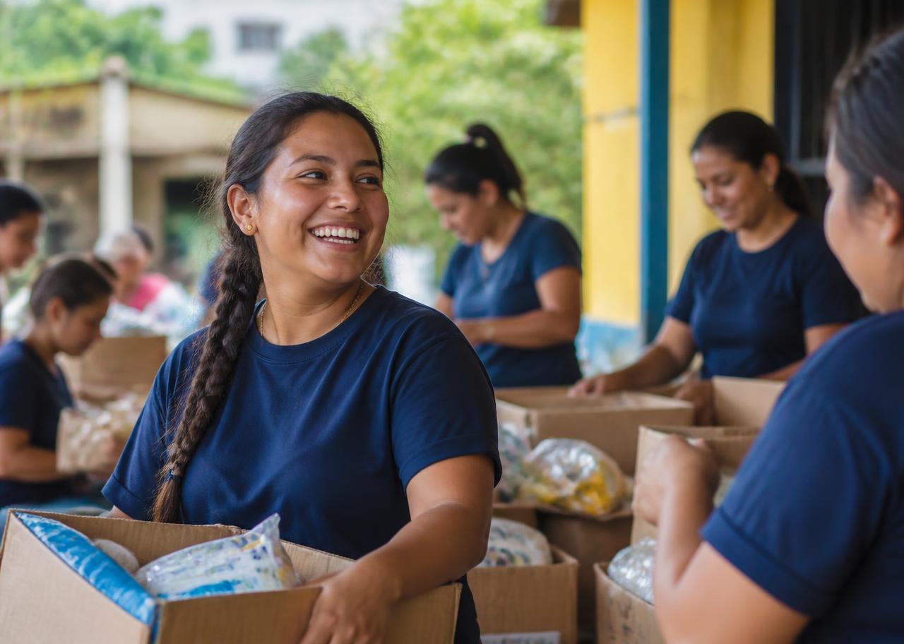 Voluntaria coordinando cajas de ayudas junto a otras mujeres