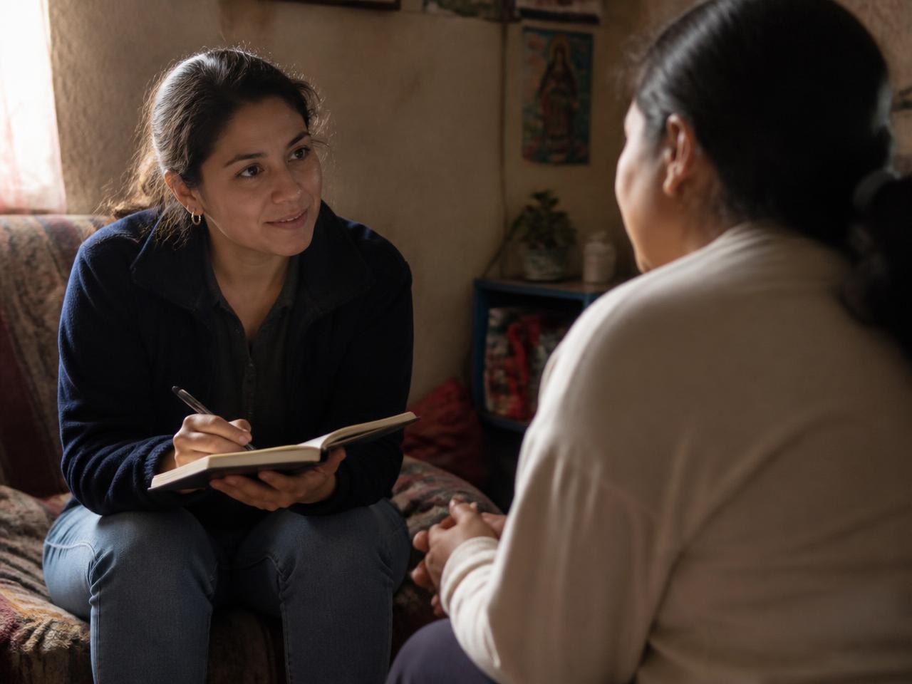 Psicóloga voluntaria escuchando con atención a una persona