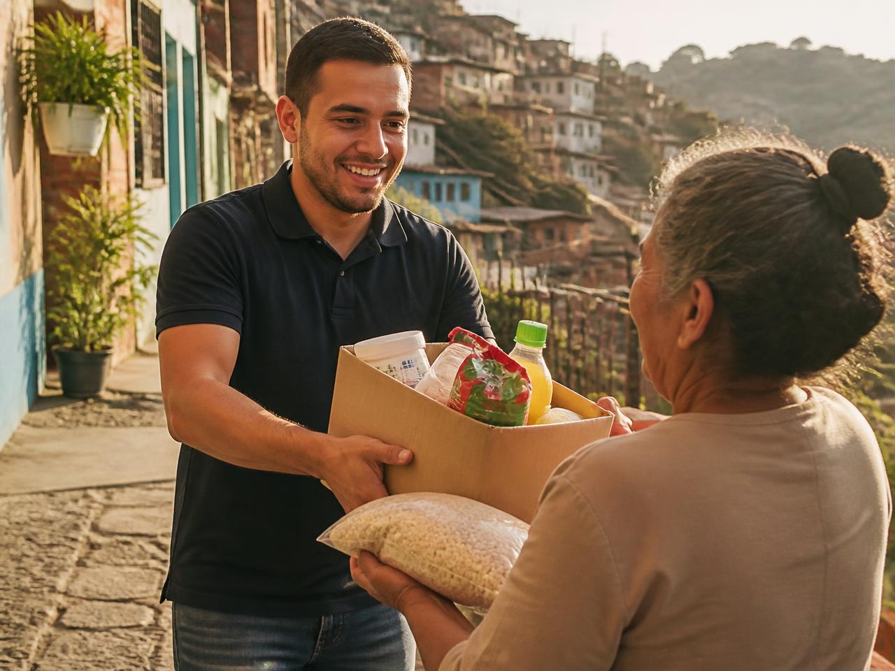 Persona entregando una caja con alimentos a una vecina