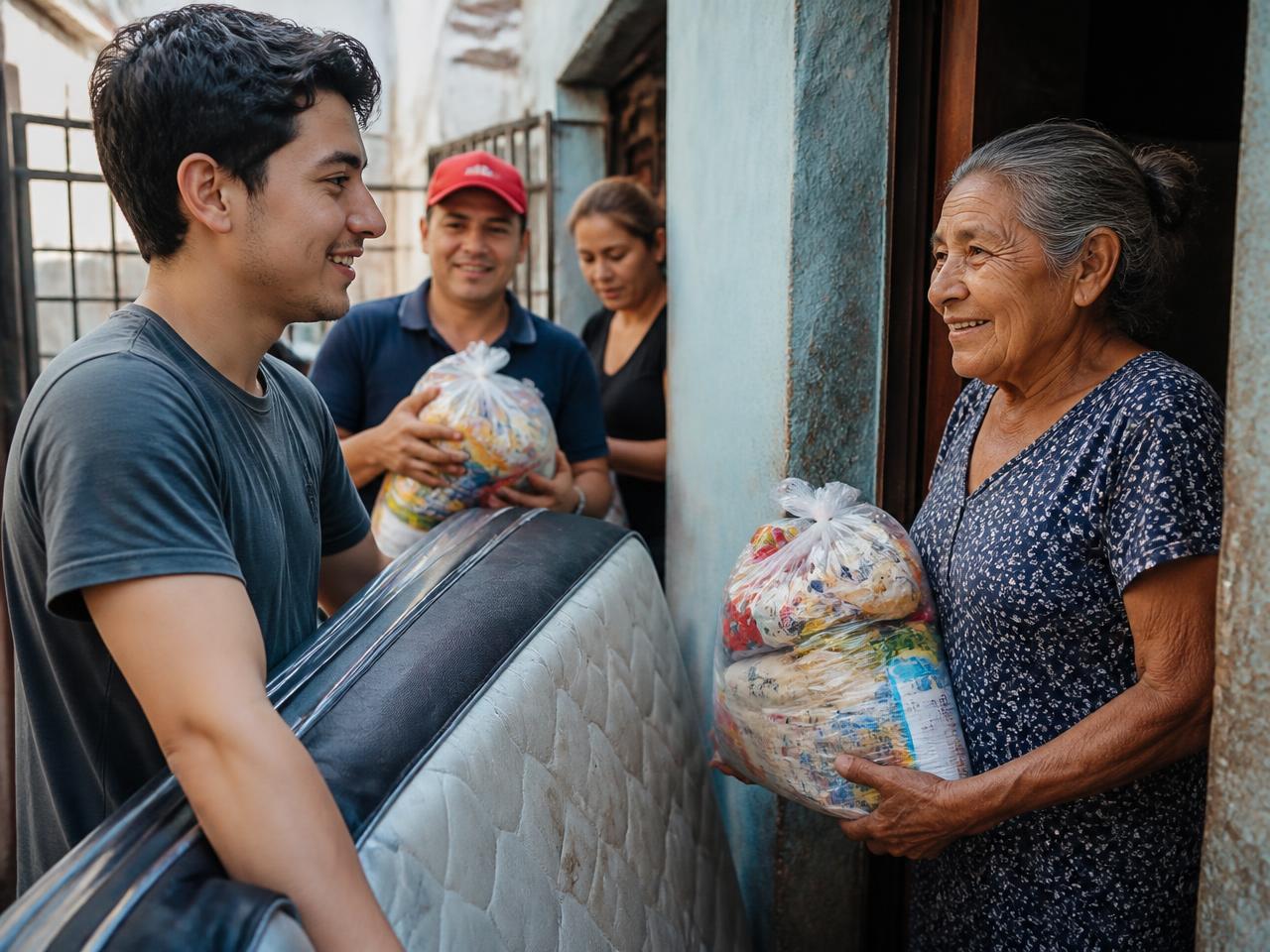 Entrega de un colchón y bolsas de mercado en la puerta de una casa