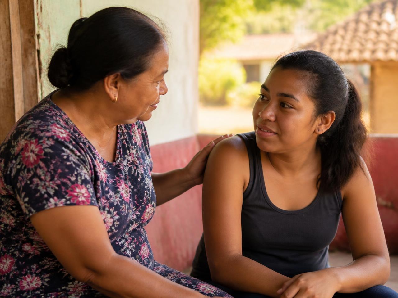 Dos personas conversando con calidez en un corredor